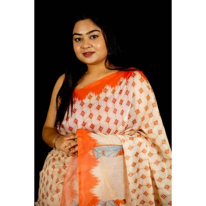 Isadora Life Womens Printed Tassels Cream Pre-Draped Saree With Unstitched Blouse