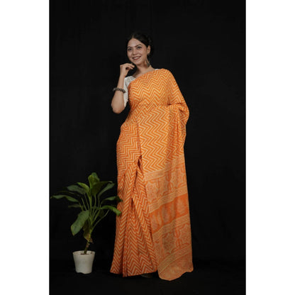 Isadora Life Womens Printed Orange Pre-Draped Saree With Unstitched Blouse