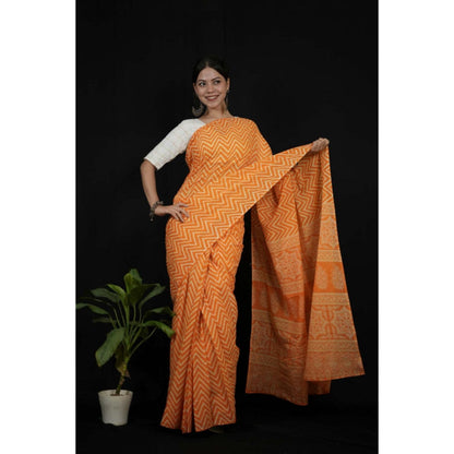 Isadora Life Womens Printed Orange Pre-Draped Saree With Unstitched Blouse