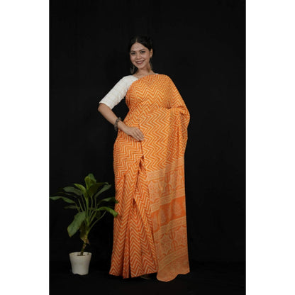 Isadora Life Womens Printed Orange Pre-Draped Saree With Unstitched Blouse