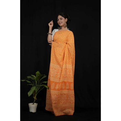 Isadora Life Womens Printed Orange Pre-Draped Saree With Unstitched Blouse