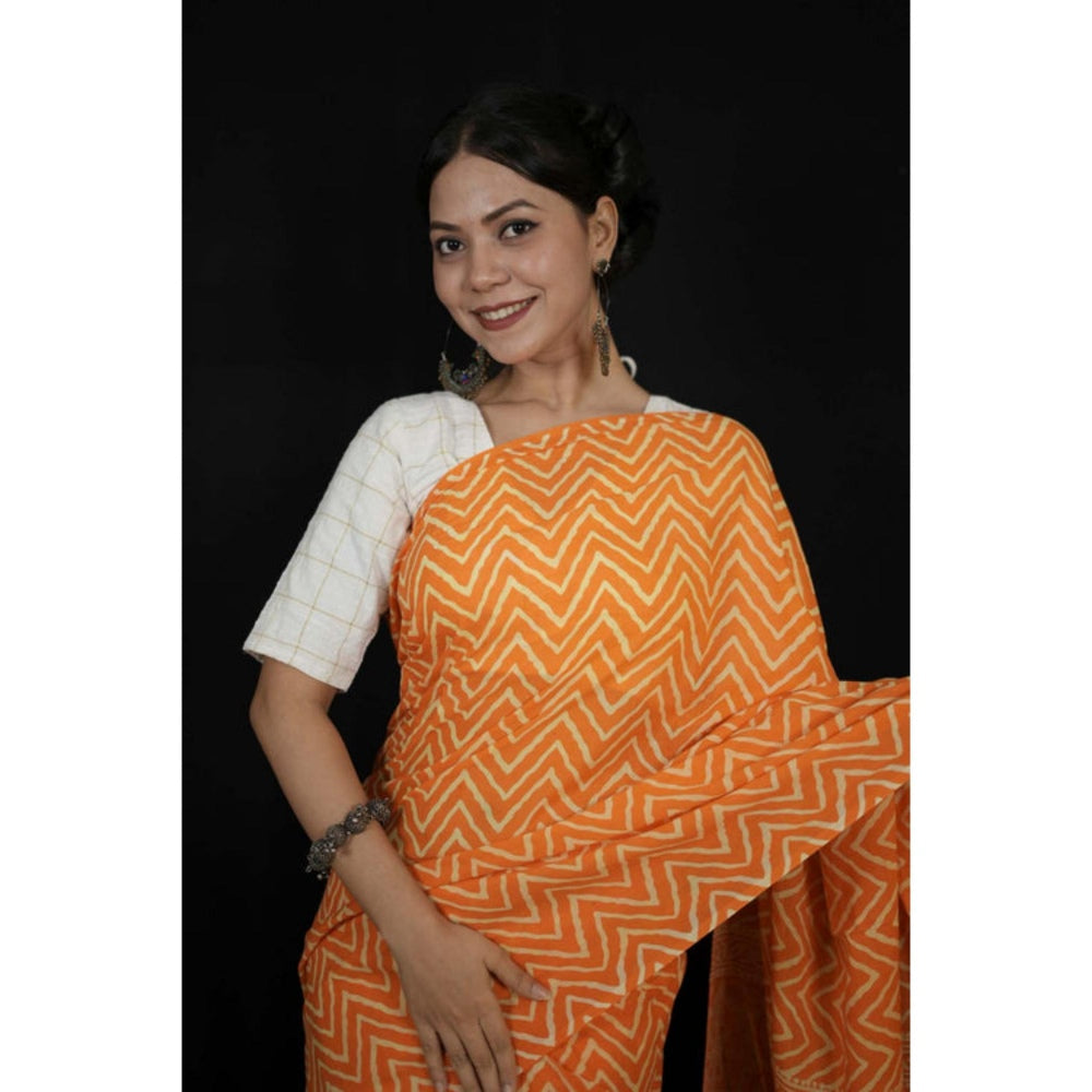 Isadora Life Womens Printed Orange Pre-Draped Saree With Unstitched Blouse