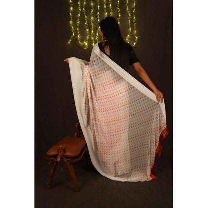 Isadora Life Womens Printed Tassels White Pre-Draped Saree With Unstitched Blouse