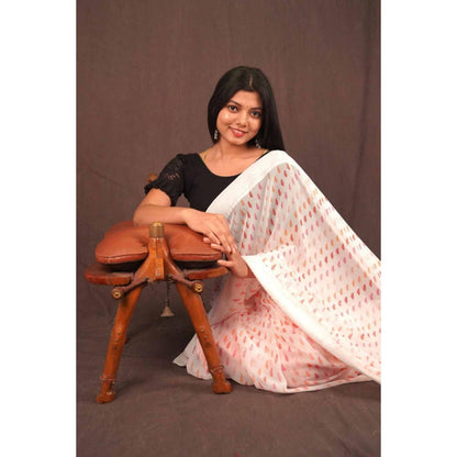 Isadora Life Womens Printed Tassels White Pre-Draped Saree With Unstitched Blouse