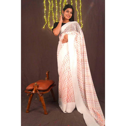 Isadora Life Womens Printed Tassels White Pre-Draped Saree With Unstitched Blouse