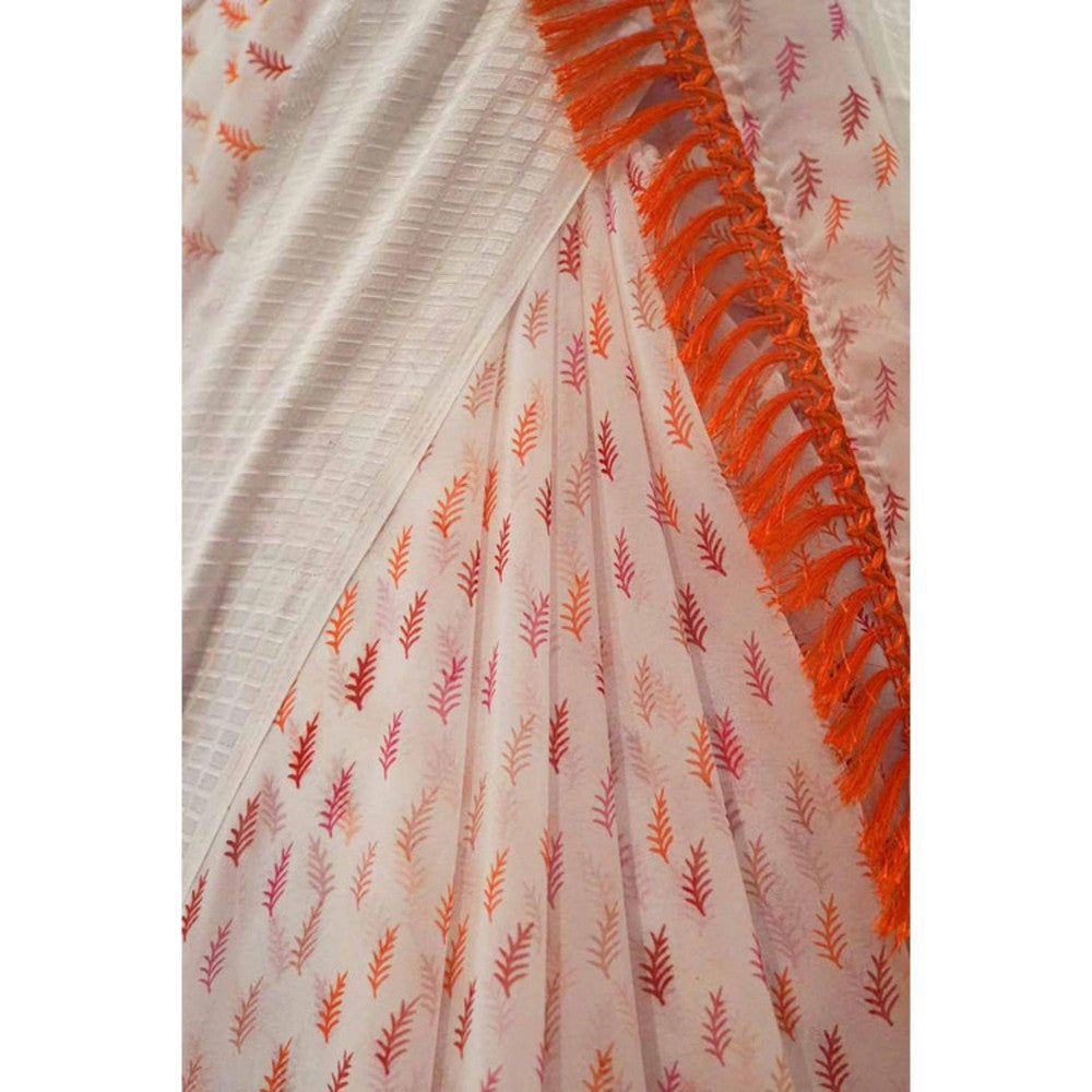 Isadora Life Womens Printed Tassels White Pre-Draped Saree With Unstitched Blouse