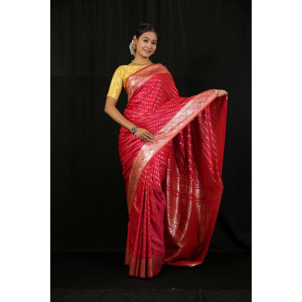 Isadora Life Womens Woven Zari Pink Pre-Draped Saree With Unstitched Blouse