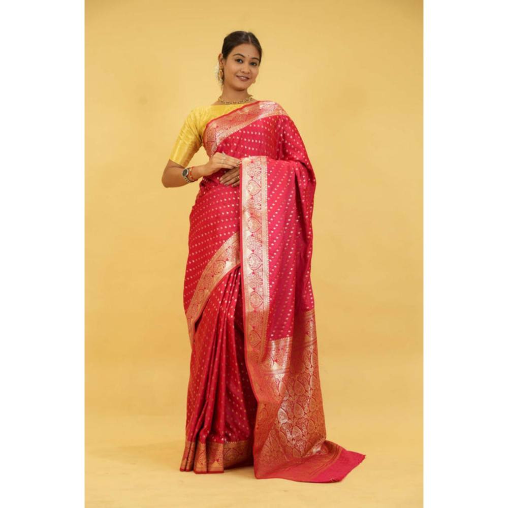 Isadora Life Womens Woven Zari Pink Pre-Draped Saree With Unstitched Blouse