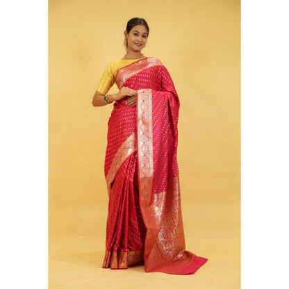 Isadora Life Womens Woven Zari Pink Pre-Draped Saree With Unstitched Blouse