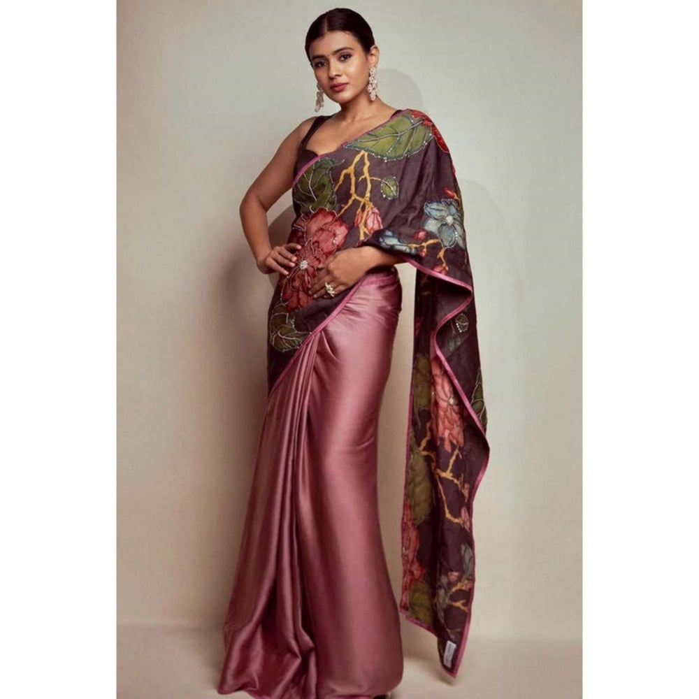 Isadora Life Womens Embroidered Kalamkari Purple Pre-Draped Saree With Unstitched Blouse