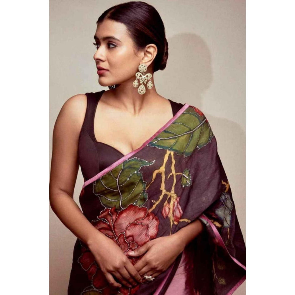 Isadora Life Womens Embroidered Kalamkari Purple Pre-Draped Saree With Unstitched Blouse