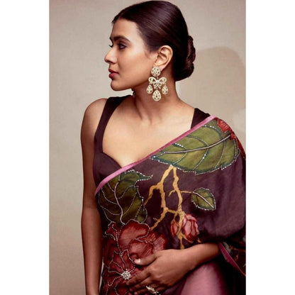 Isadora Life Womens Embroidered Kalamkari Purple Pre-Draped Saree With Unstitched Blouse