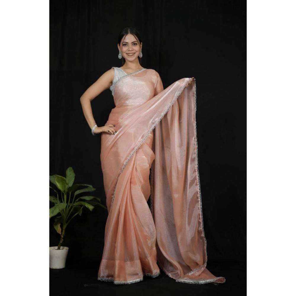 Isadora Life Womens Embroidered Sequined Peach Pre-Draped Saree With Unstitched Blouse