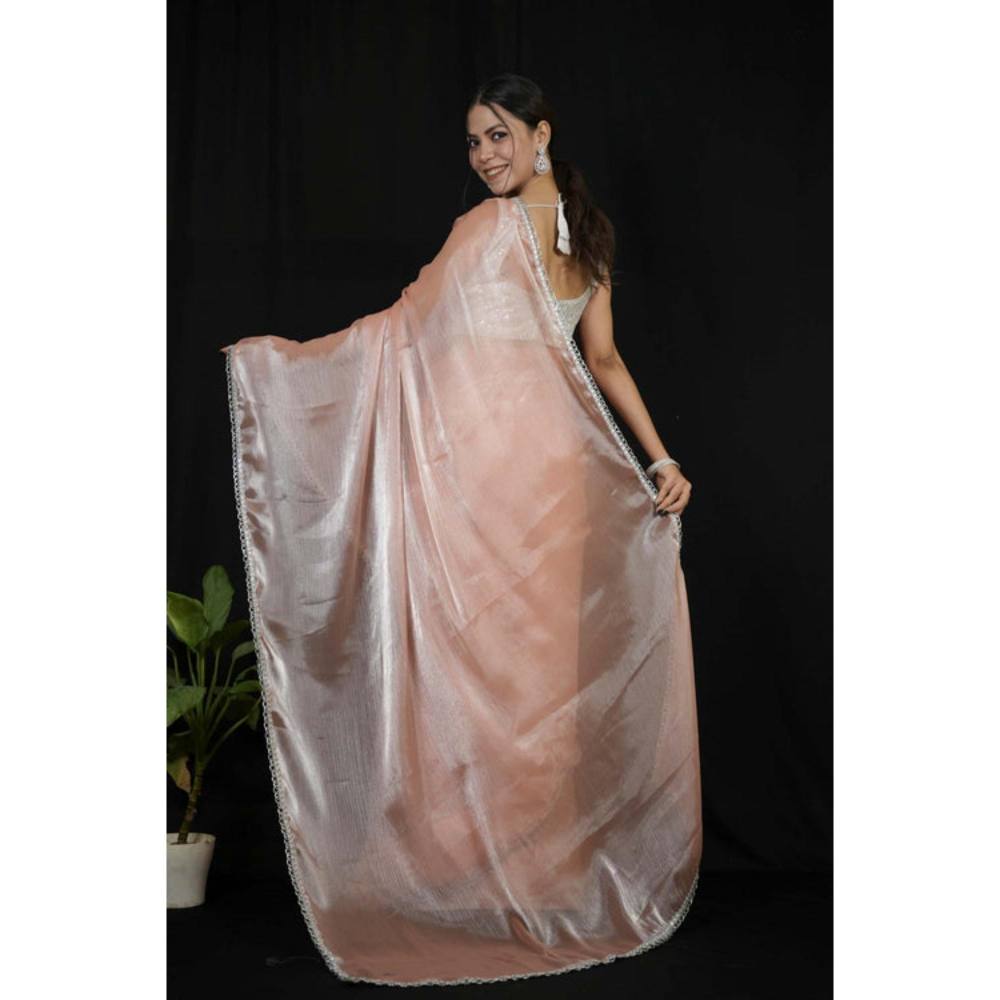Isadora Life Womens Embroidered Sequined Peach Pre-Draped Saree With Unstitched Blouse