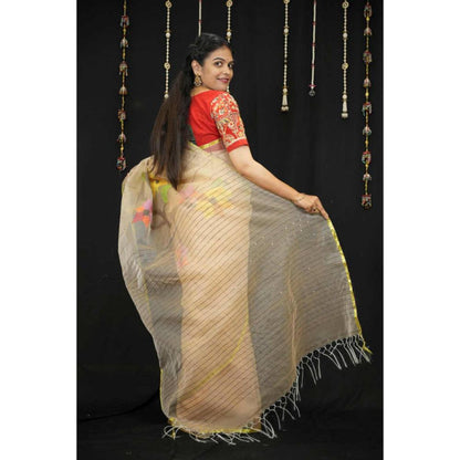 Isadora Life Womens Stripes Tassels Beige Pre-Draped Saree With Unstitched Blouse