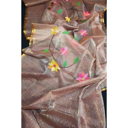 Isadora Life Womens Stripes Tassels Beige Pre-Draped Saree With Unstitched Blouse