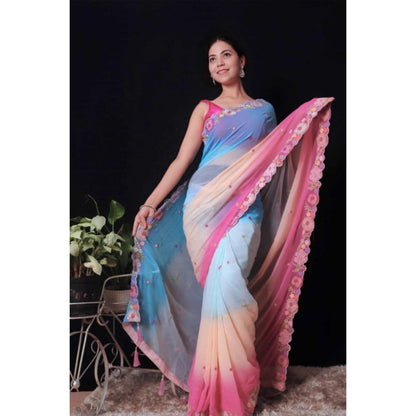 Isadora Life Womens Ombre Embroidered Multi-Color Pre-Draped Saree With Unstitched Blouse