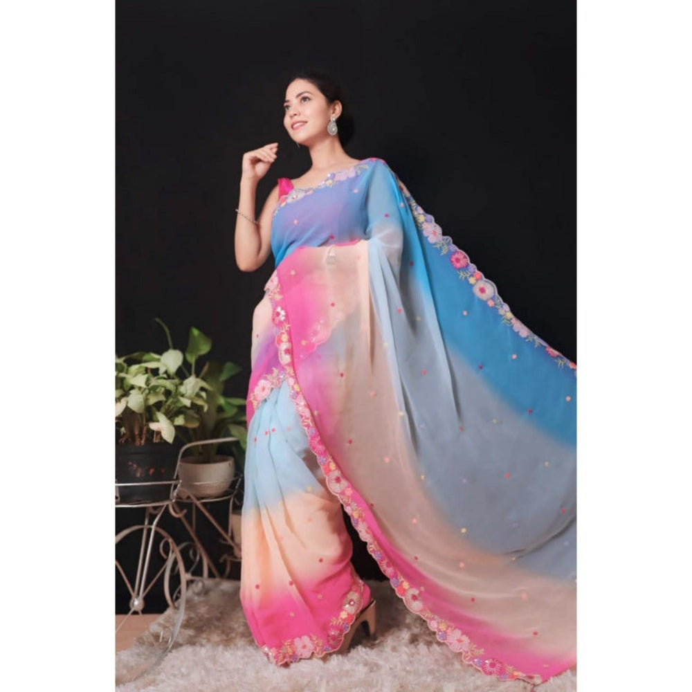Isadora Life Womens Ombre Embroidered Multi-Color Pre-Draped Saree With Unstitched Blouse