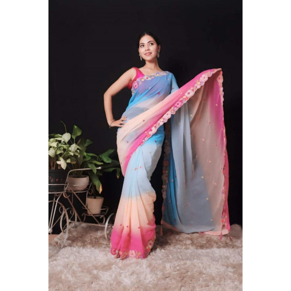 Isadora Life Womens Ombre Embroidered Multi-Color Pre-Draped Saree With Unstitched Blouse