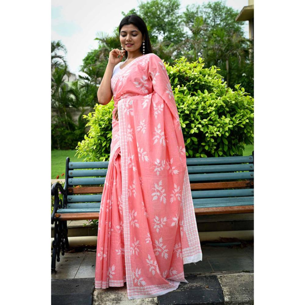 Isadora Life Womens Printed Peach Pre-Draped Saree With Unstitched Blouse
