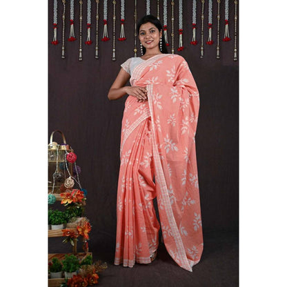 Isadora Life Womens Printed Peach Pre-Draped Saree With Unstitched Blouse