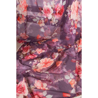 Isadora Life Womens Floral Printed Purple Pre-Draped Saree With Unstitched Blouse