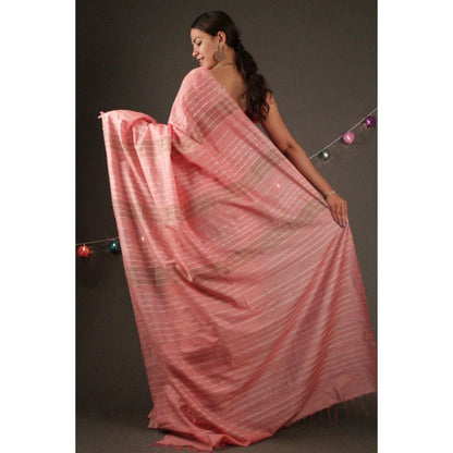 Isadora Life Womens Stripes Tassels Peach Pre-Draped Saree With Unstitched Blouse