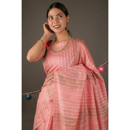 Isadora Life Womens Stripes Tassels Peach Pre-Draped Saree With Unstitched Blouse