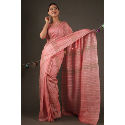 Isadora Life Womens Stripes Tassels Peach Pre-Draped Saree With Unstitched Blouse