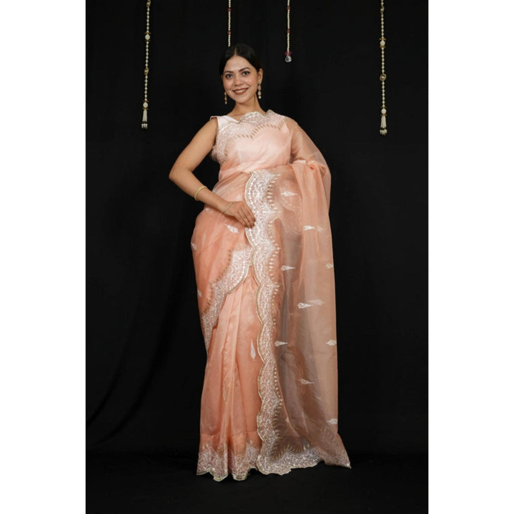 Isadora Life Womens Embroidered Zari Peach Pre-Draped Saree With Unstitched Blouse