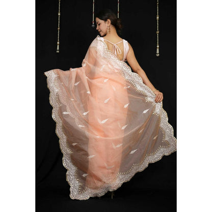Isadora Life Womens Embroidered Zari Peach Pre-Draped Saree With Unstitched Blouse