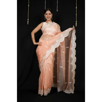 Isadora Life Womens Embroidered Zari Peach Pre-Draped Saree With Unstitched Blouse