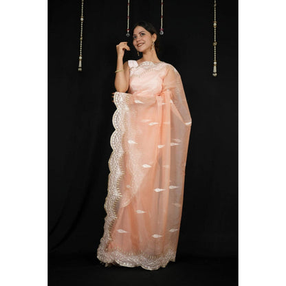 Isadora Life Womens Embroidered Zari Peach Pre-Draped Saree With Unstitched Blouse