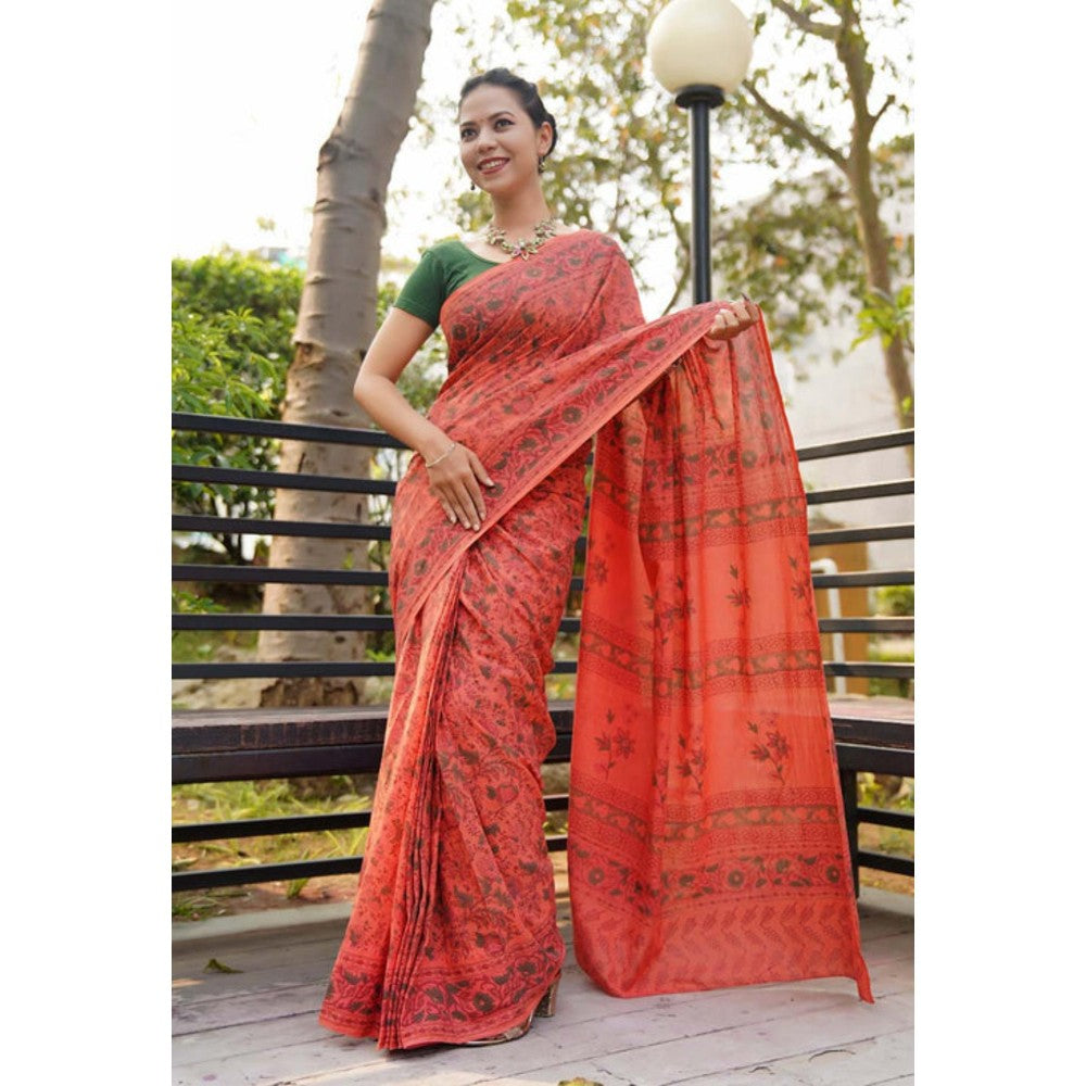 Isadora Life Womens Floral Printed Orange Pre-Draped Saree With Unstitched Blouse