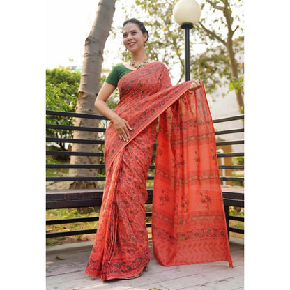 Isadora Life Womens Floral Printed Orange Pre-Draped Saree With Unstitched Blouse