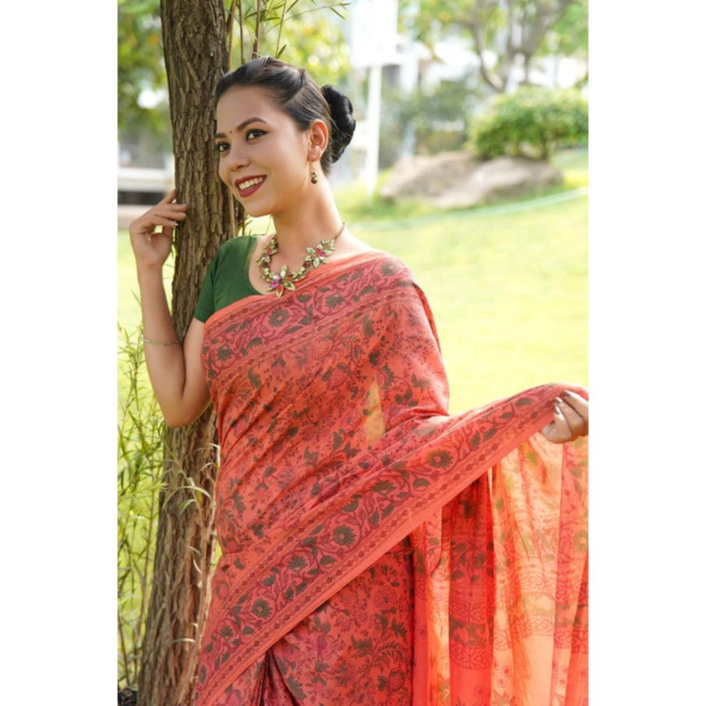 Isadora Life Womens Floral Printed Orange Pre-Draped Saree With Unstitched Blouse