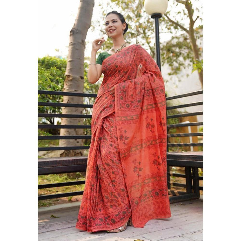 Isadora Life Womens Floral Printed Orange Pre-Draped Saree With Unstitched Blouse
