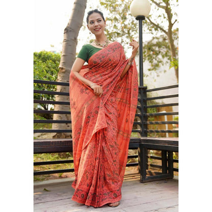 Isadora Life Womens Floral Printed Orange Pre-Draped Saree With Unstitched Blouse