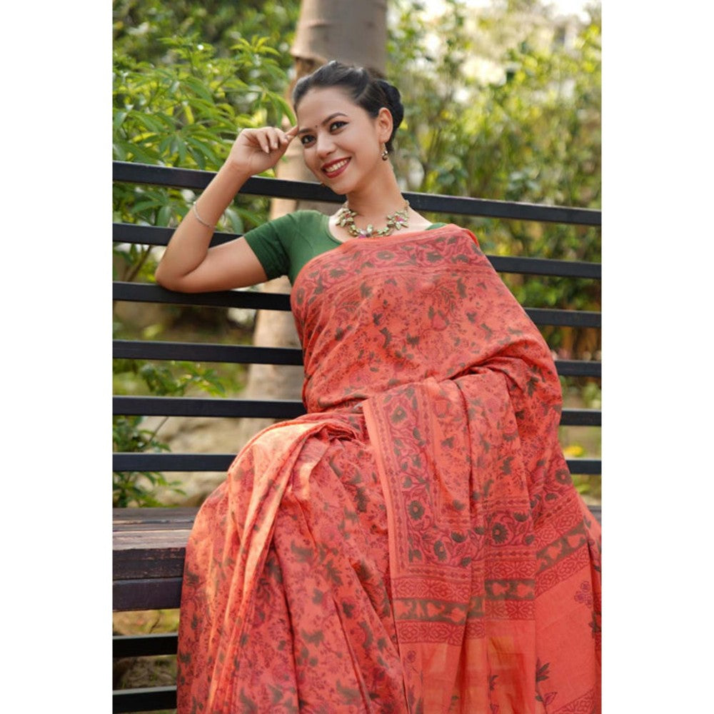 Isadora Life Womens Floral Printed Orange Pre-Draped Saree With Unstitched Blouse
