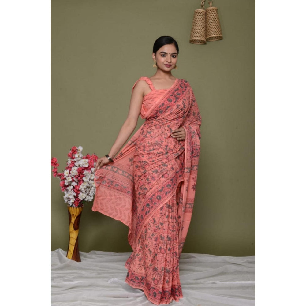 Isadora Life Womens Floral Printed Orange Pre-Draped Saree With Unstitched Blouse