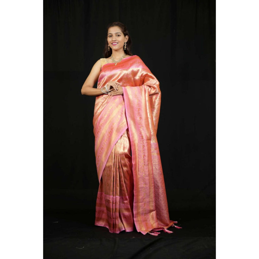 Isadora Life Womens Woven Zari Pink Pre-Draped Saree With Unstitched Blouse