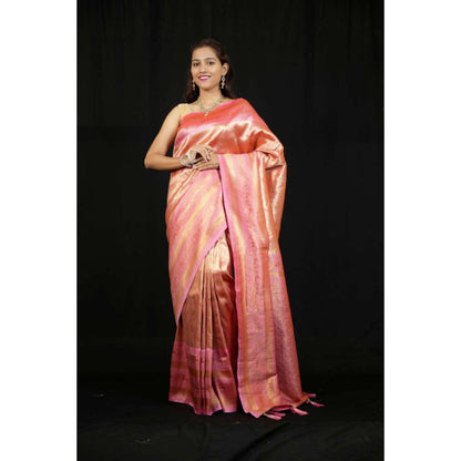 Isadora Life Womens Woven Zari Pink Pre-Draped Saree With Unstitched Blouse