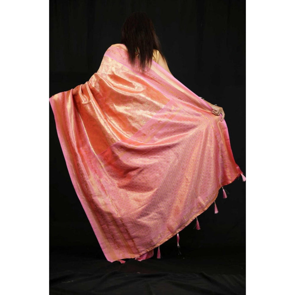 Isadora Life Womens Woven Zari Pink Pre-Draped Saree With Unstitched Blouse
