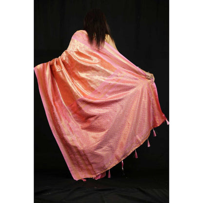 Isadora Life Womens Woven Zari Pink Pre-Draped Saree With Unstitched Blouse