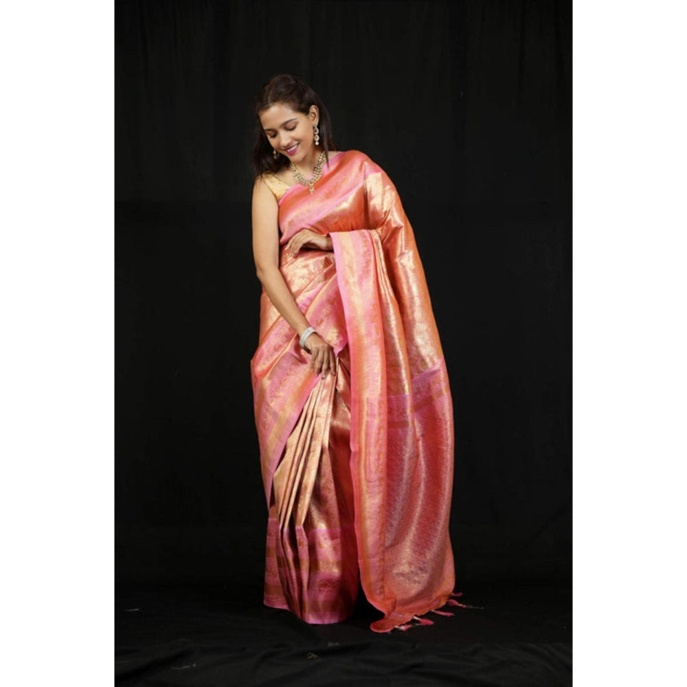 Isadora Life Womens Woven Zari Pink Pre-Draped Saree With Unstitched Blouse