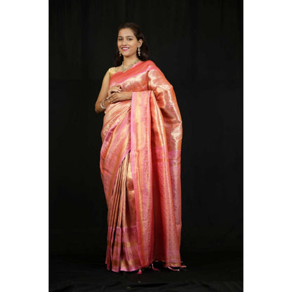 Isadora Life Womens Woven Zari Pink Pre-Draped Saree With Unstitched Blouse