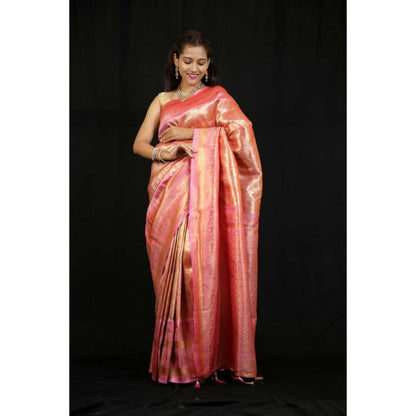 Isadora Life Womens Woven Zari Pink Pre-Draped Saree With Unstitched Blouse
