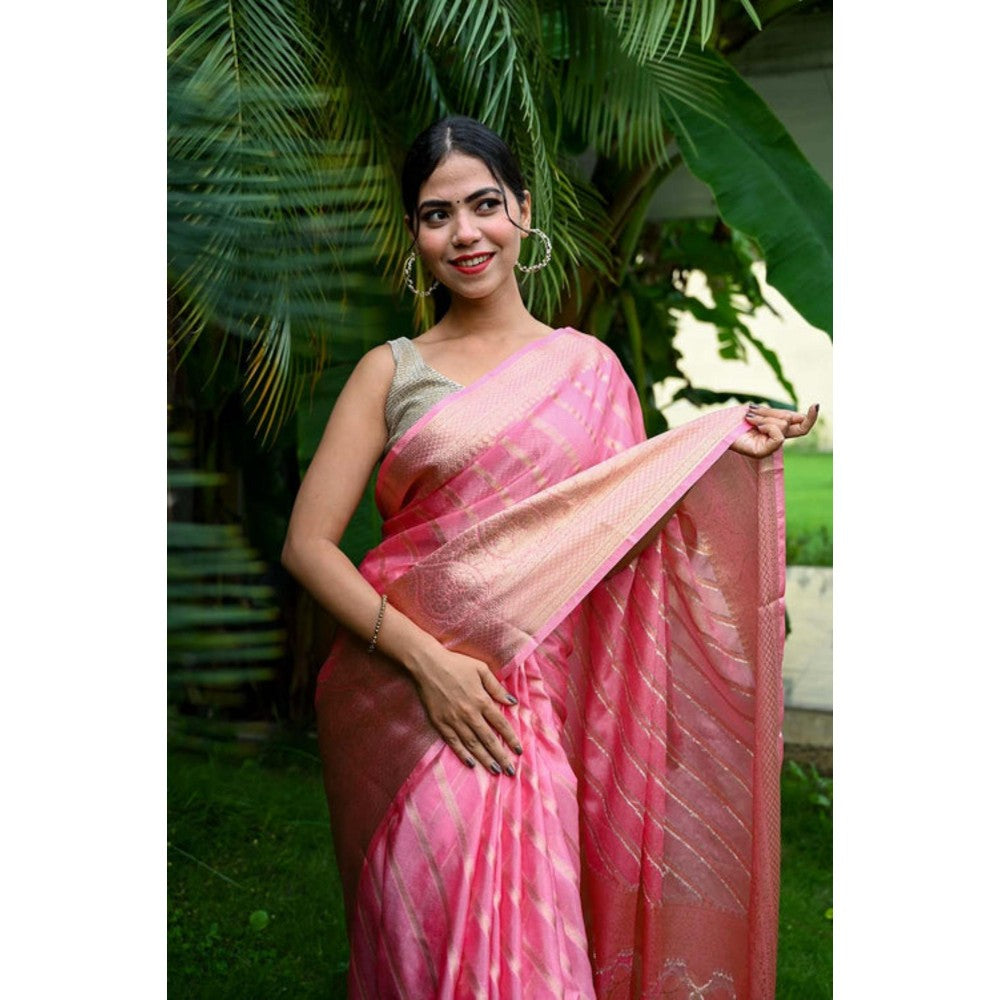 Isadora Life Womens Woven Zari Pink Pre-Draped Saree With Unstitched Blouse