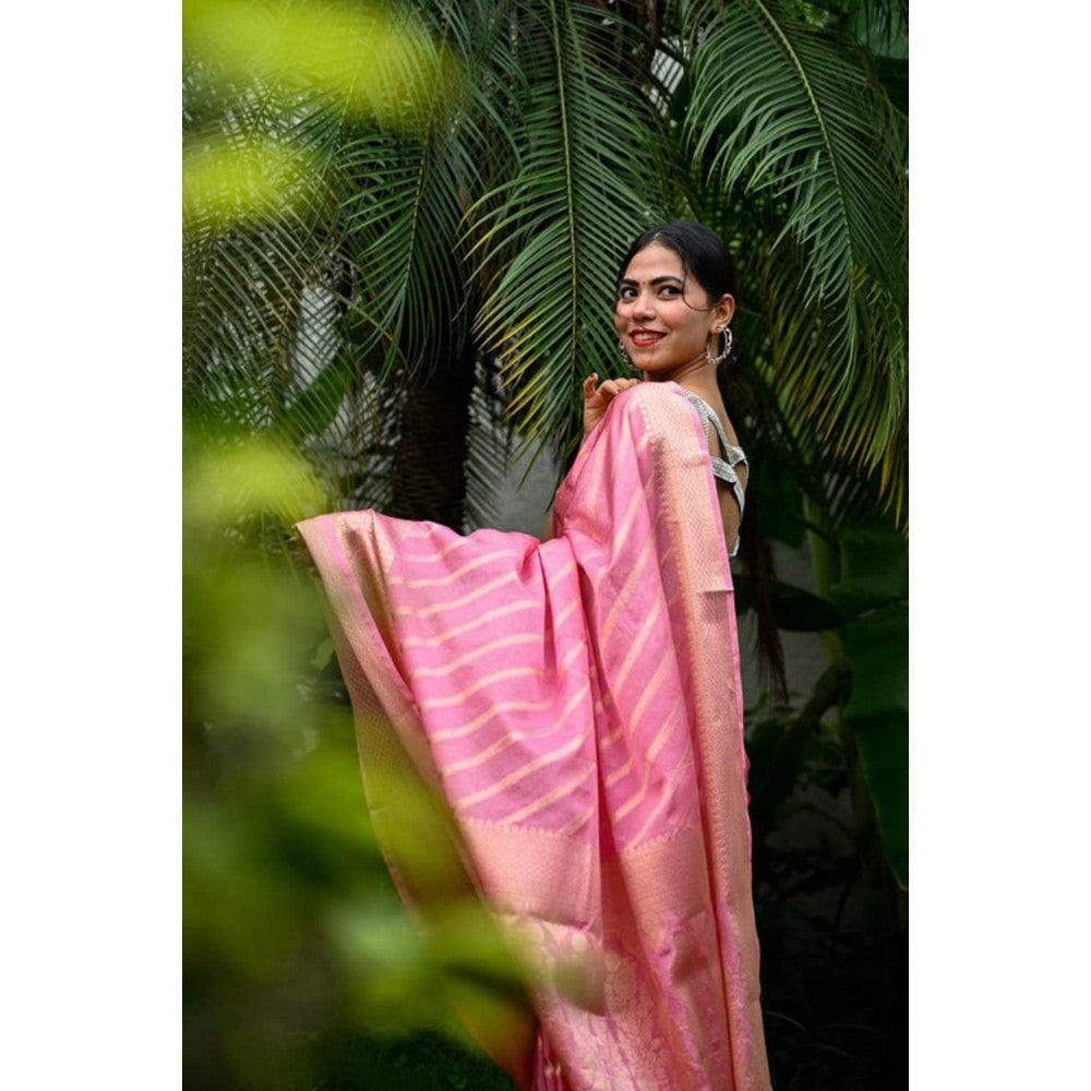 Isadora Life Womens Woven Zari Pink Pre-Draped Saree With Unstitched Blouse