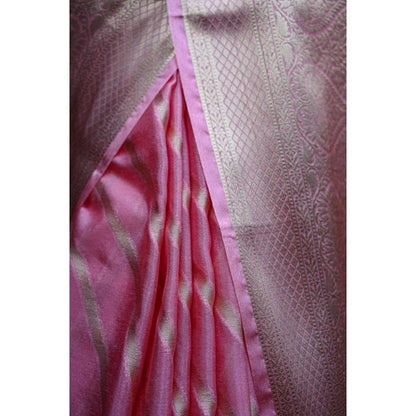 Isadora Life Womens Woven Zari Pink Pre-Draped Saree With Unstitched Blouse
